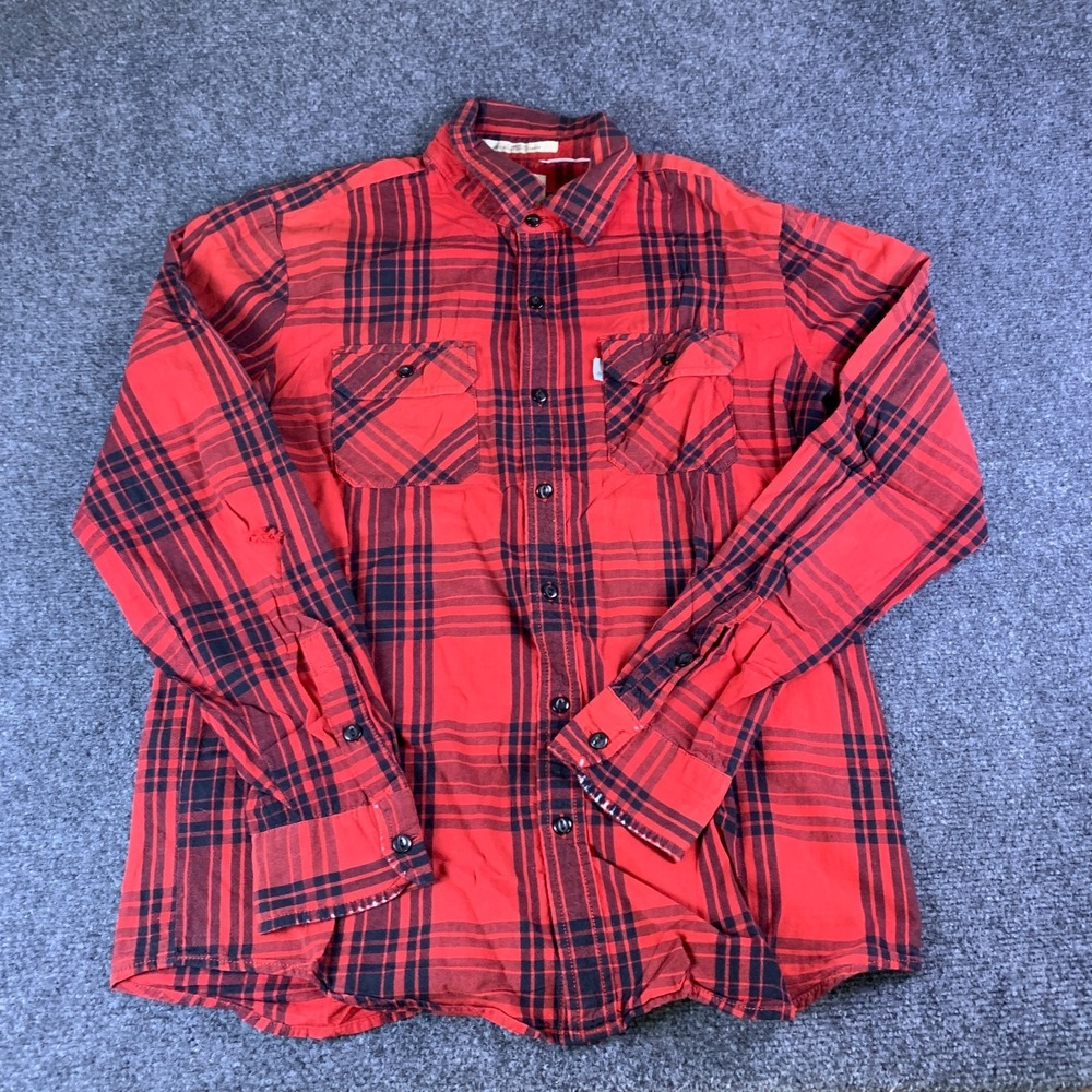 Levi's Flannel Shirt Men Medium Red Black Plaid Standard Fit Button Front Pocket